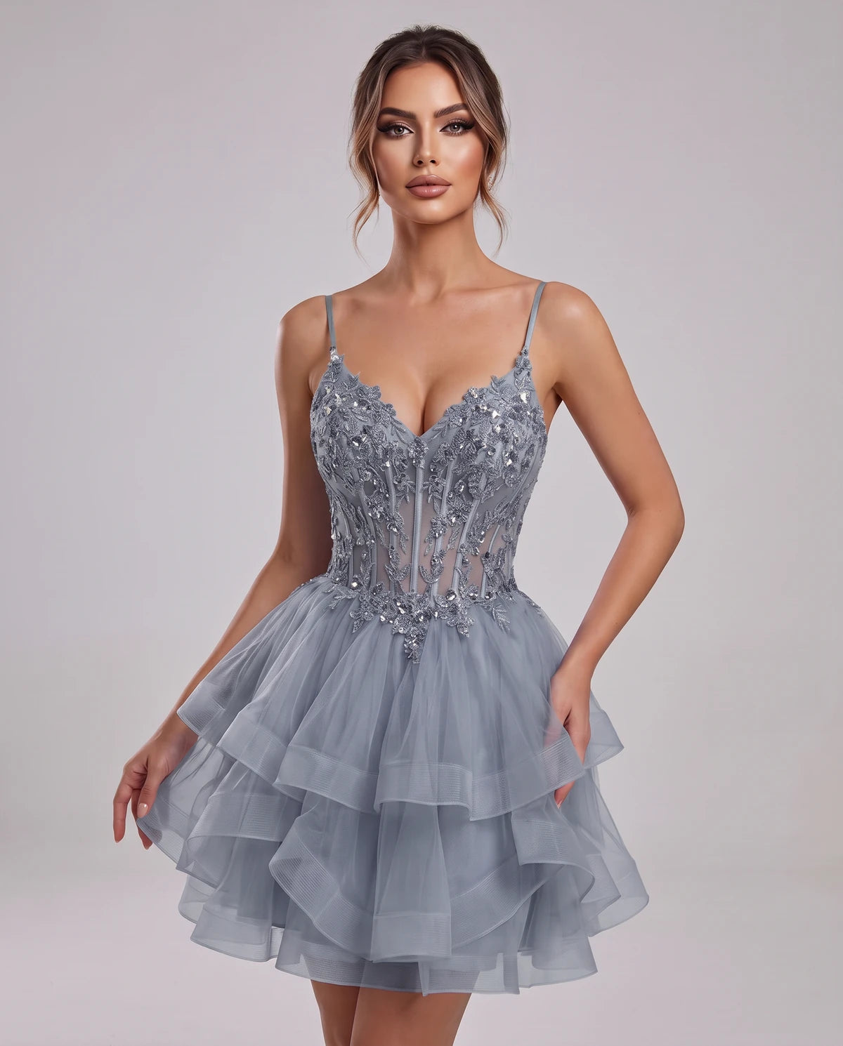 Carmela Mini Dress — Dusty Blue