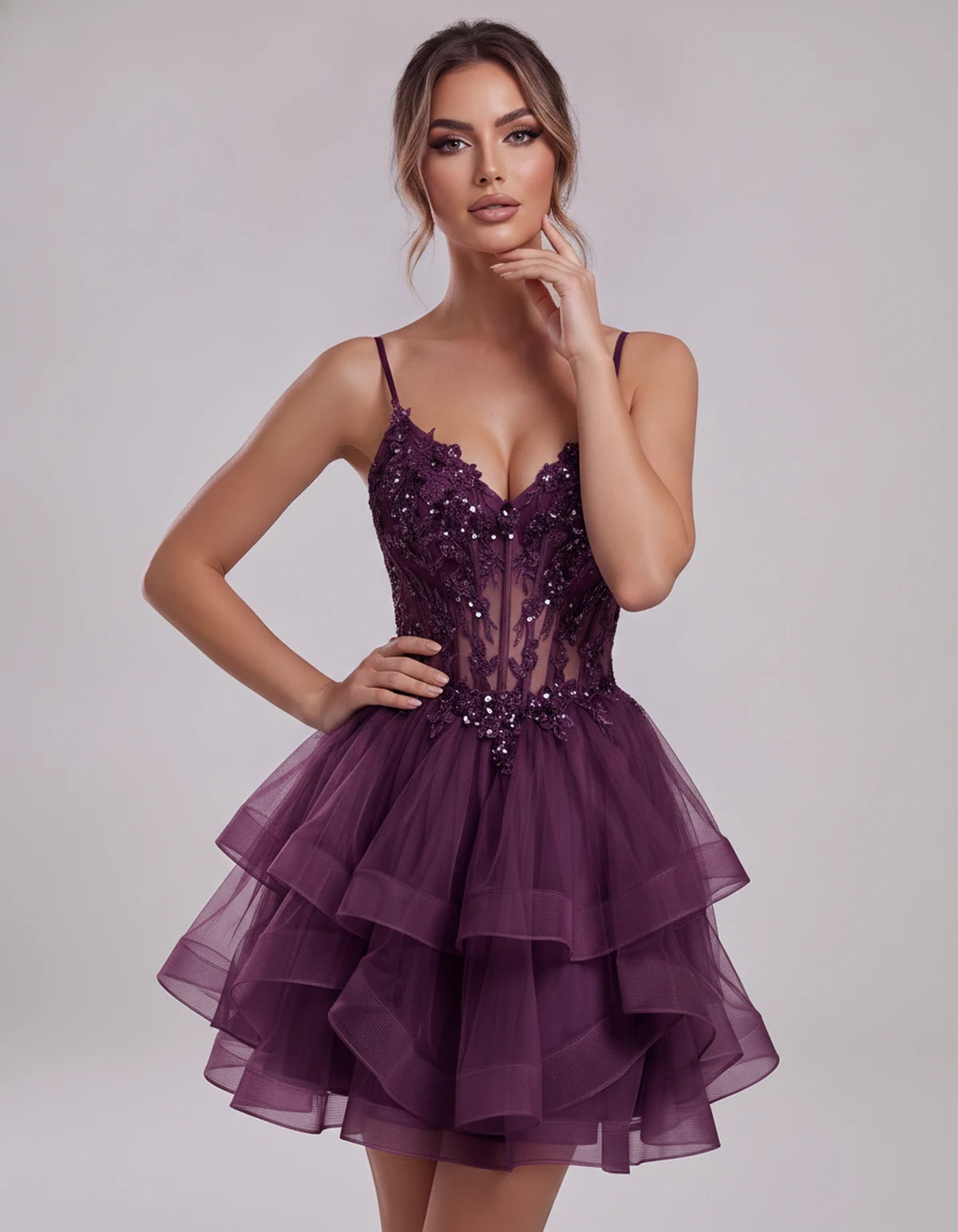 Carmela Mini Dress — Grap Purple | SKU: SD-66563-grappurple-2,SD-66563-grappurple-4,SD-66563-grappurple-6,SD-66563-grappurple-8,SD-66563-grappurple-10,SD-66563-grappurple-12,SD-66563-grappurple-14,SD-66563-grappurple-14W,SD-66563-grappurple-16,SD-66563-grappurple-16W,SD-66563-grappurple-18W,SD-66563-grappurple-20W,SD-66563-grappurple-22W,SD-66563-grappurple-24W