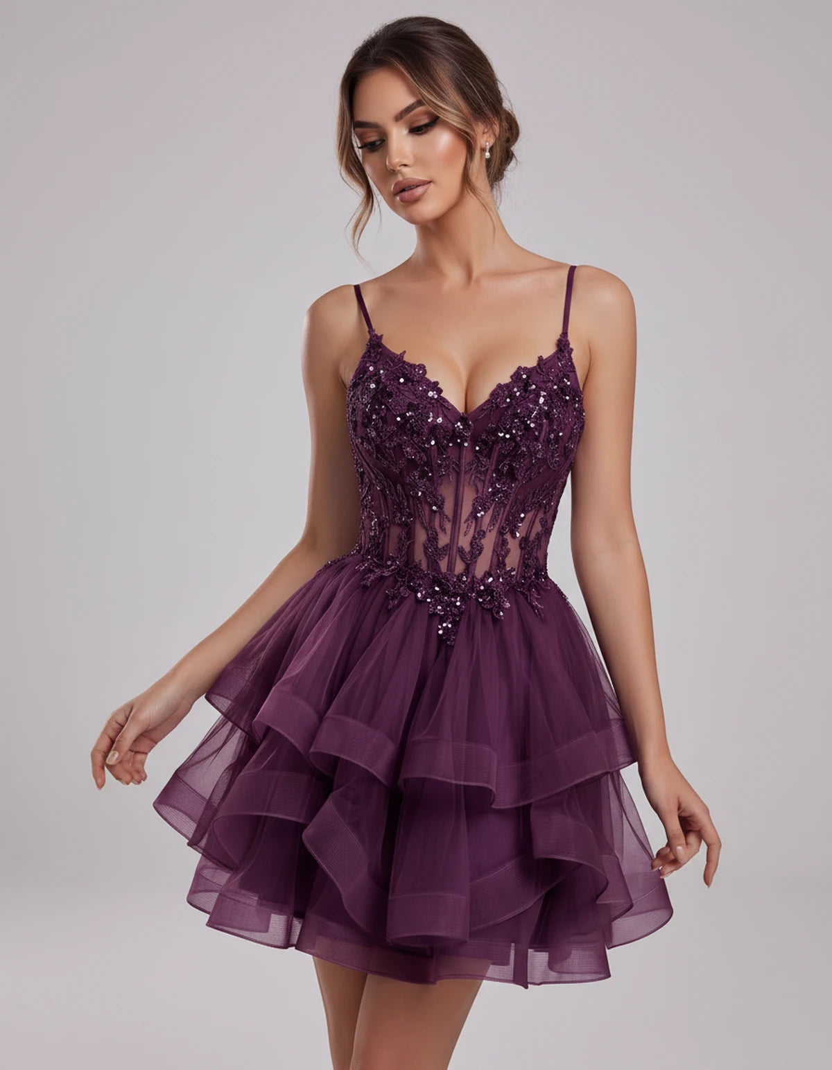 Carmela Mini Dress — Grap Purple | SKU: SD-66563-grappurple-2,SD-66563-grappurple-4,SD-66563-grappurple-6,SD-66563-grappurple-8,SD-66563-grappurple-10,SD-66563-grappurple-12,SD-66563-grappurple-14,SD-66563-grappurple-14W,SD-66563-grappurple-16,SD-66563-grappurple-16W,SD-66563-grappurple-18W,SD-66563-grappurple-20W,SD-66563-grappurple-22W,SD-66563-grappurple-24W