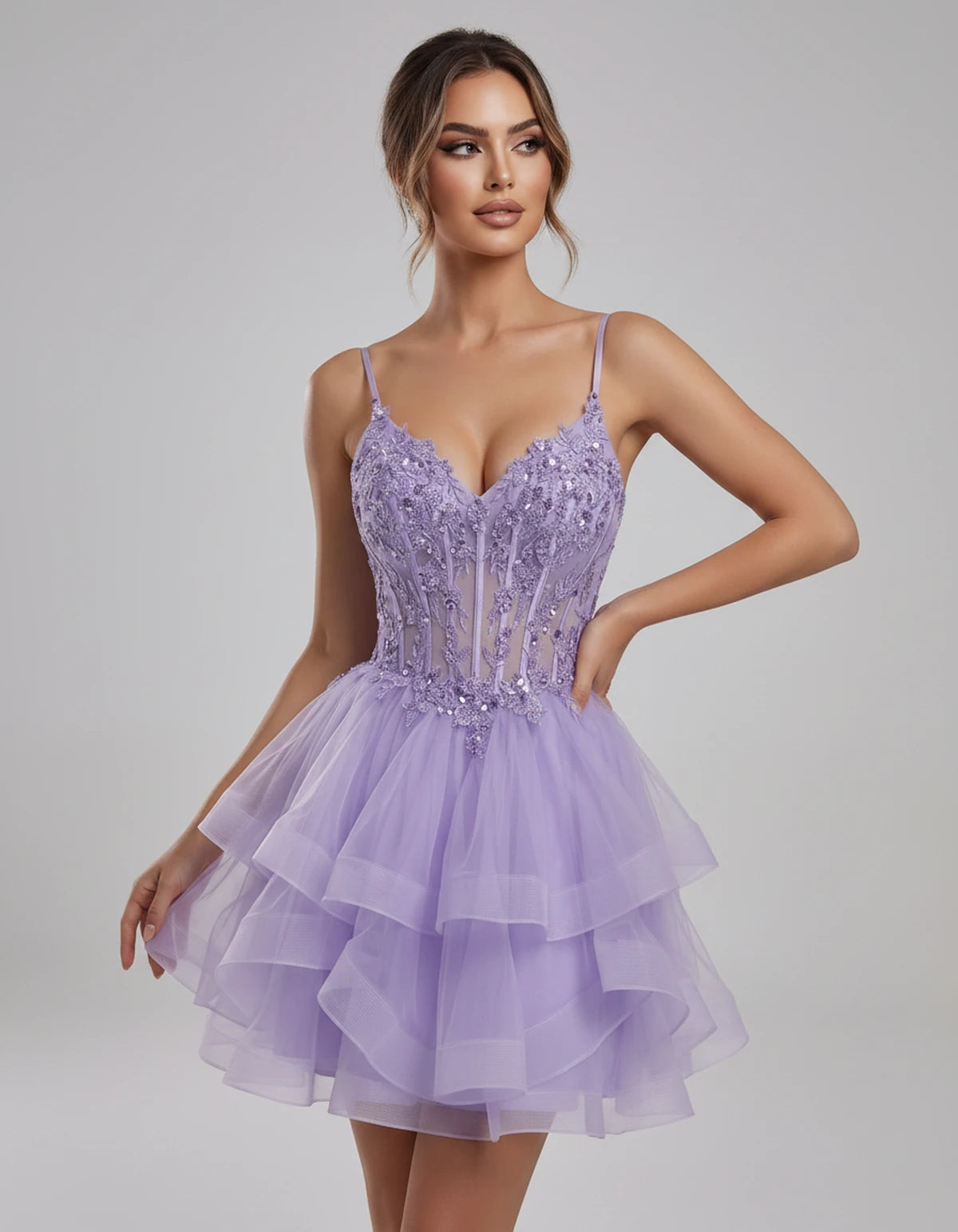Carmela Mini Dress — Lavender | SKU: SD-66563-lavender-2,SD-66563-lavender-4,SD-66563-lavender-6,SD-66563-lavender-8,SD-66563-lavender-10,SD-66563-lavender-12,SD-66563-lavender-14,SD-66563-lavender-14W,SD-66563-lavender-16,SD-66563-lavender-16W,SD-66563-lavender-18W,SD-66563-lavender-20W,SD-66563-lavender-22W,SD-66563-lavender-24W