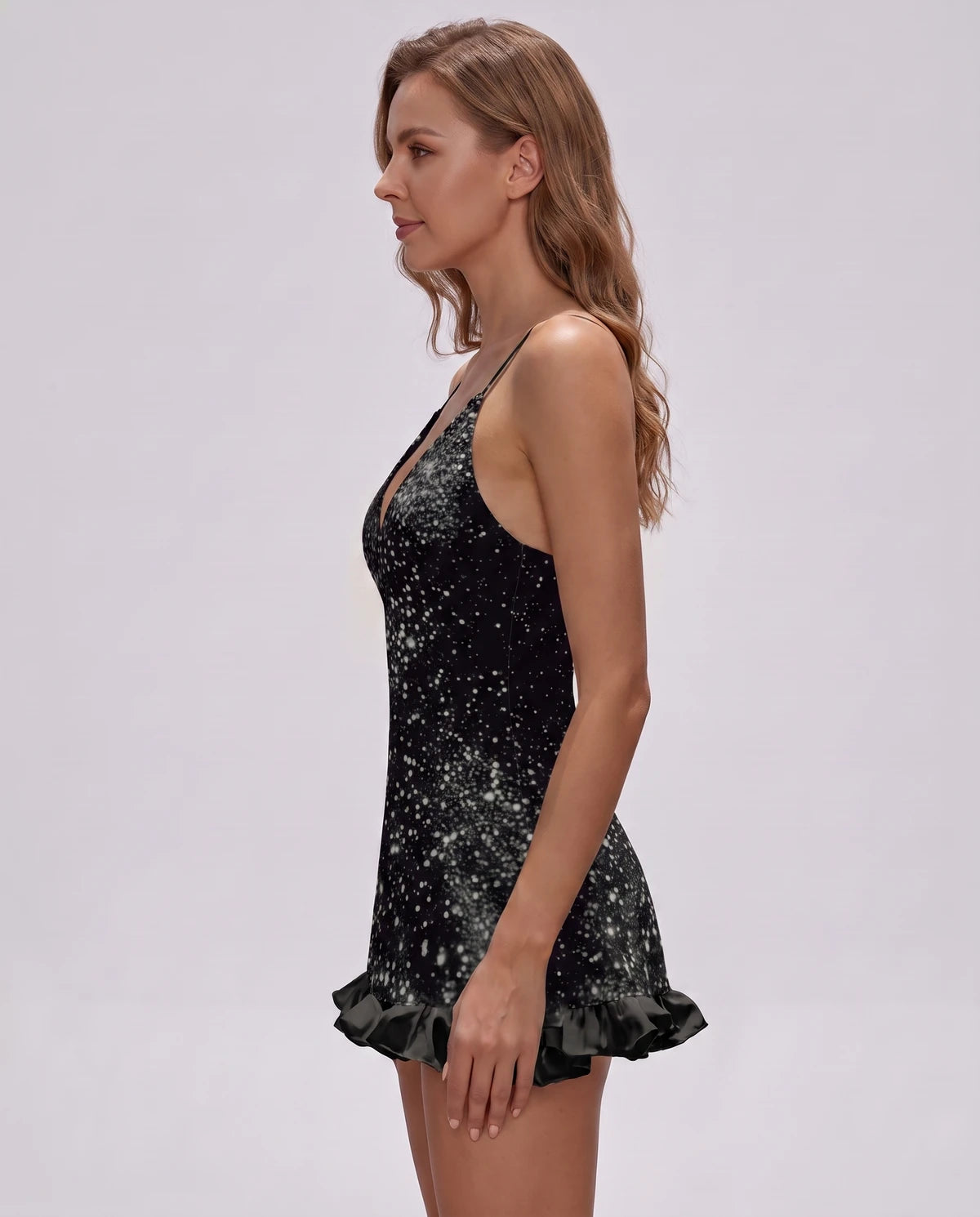 Cascade Mini Dress — Black | SKU: SD-18027-black-2,SD-18027-black-4,SD-18027-black-6,SD-18027-black-8,SD-18027-black-10,SD-18027-black-12,SD-18027-black-14,SD-18027-black-16,SD-18027-black-16W,SD-18027-black-18W,SD-18027-black-20W,SD-18027-black-22W