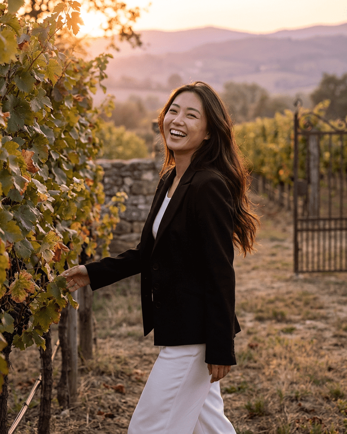 Woman wearing the Celeste Blazer by SLIMONA, laughing in a vineyard at sunset.