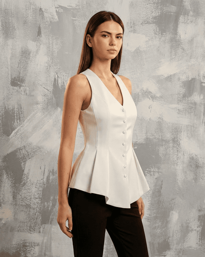 Celeste Blouse by SLIMONA - Satin tailored sleeveless V-neck design, ideal for polished daytime or evening looks.