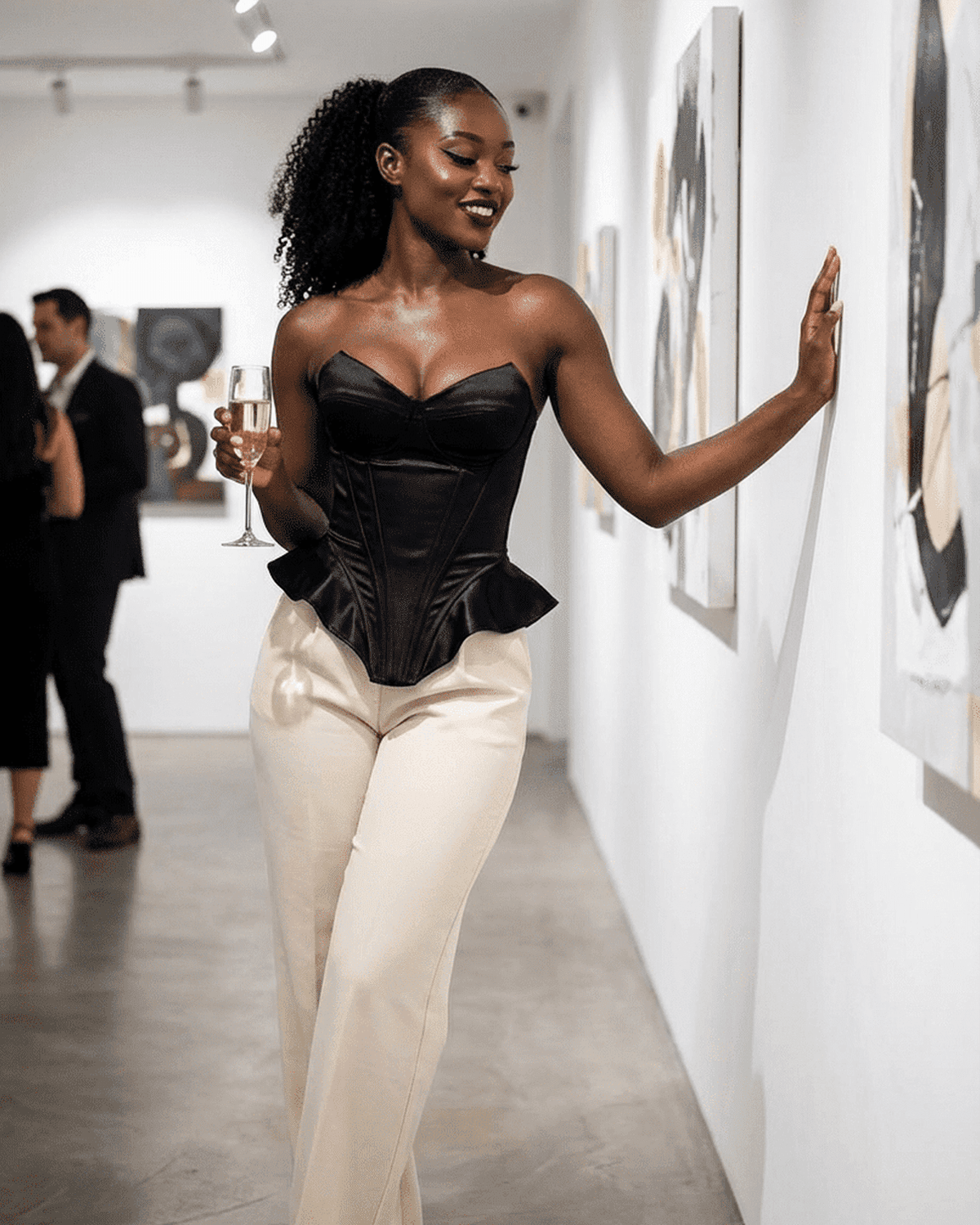 Model showcasing the Celeste Corset Top by SLIMONA, wearing elegant satin with a modern silhouette in an art gallery.