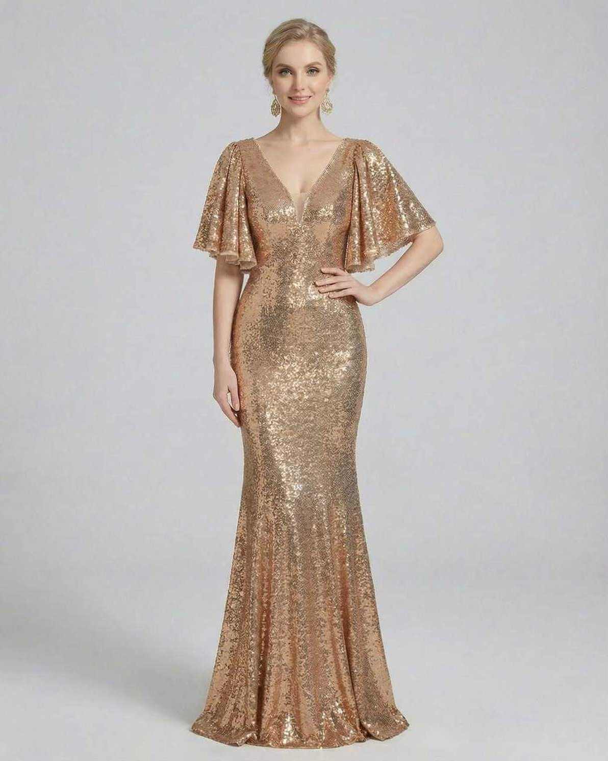 Celeste Maxi Dress by Lauven, elegant sequined evening gown in radiant gold, showcasing a full-length silhouette.