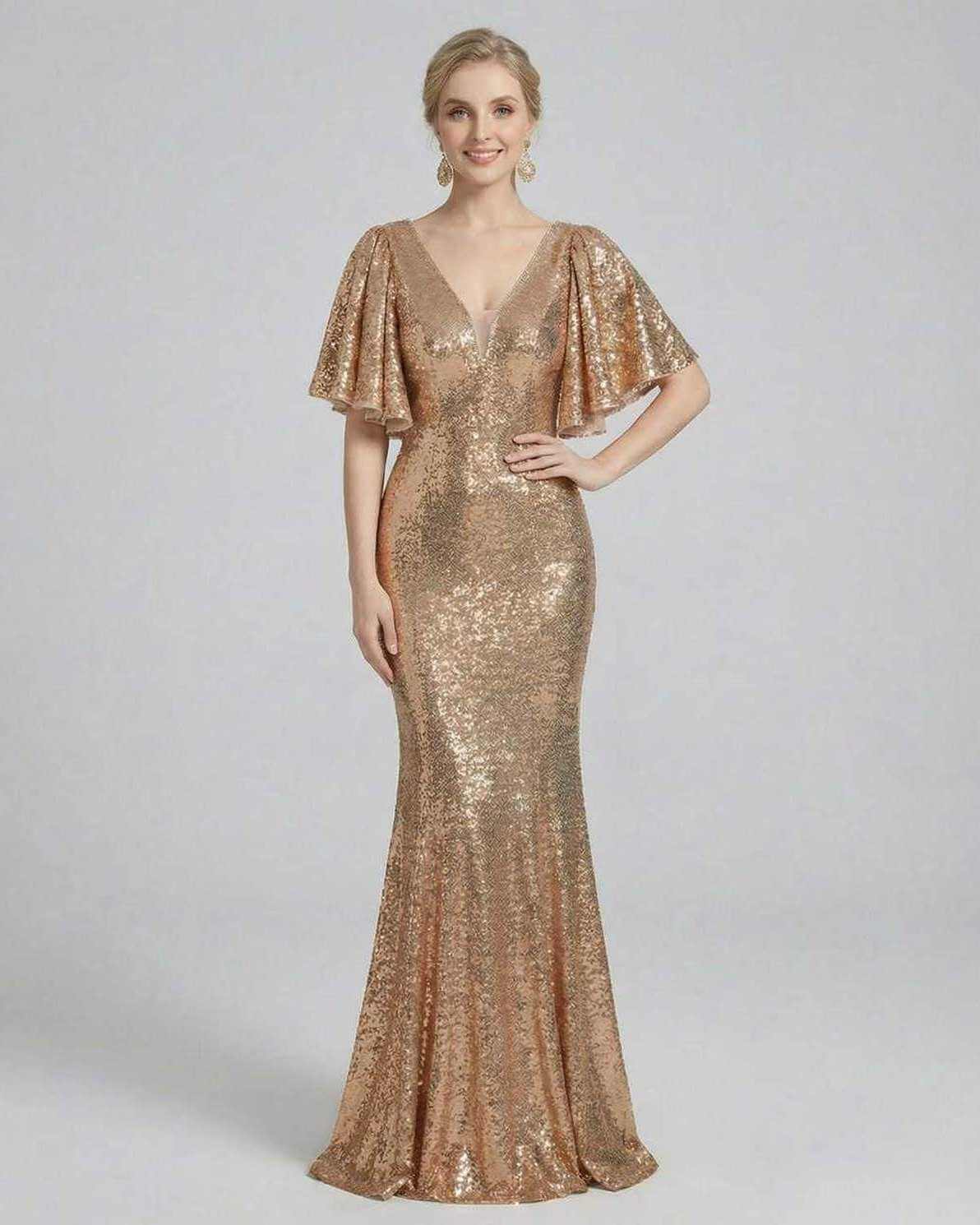 Celeste Maxi Dress by Lauven, elegant sequined evening gown in radiant gold with flattering silhouette and sophisticated design.