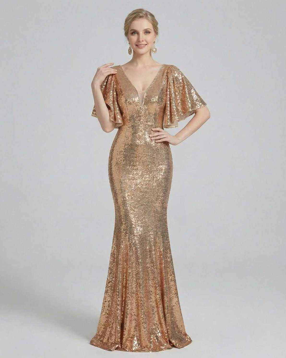 Celeste Maxi Dress by Lauven, elegant sequined evening gown in radiant gold tone, full-length silhouette.