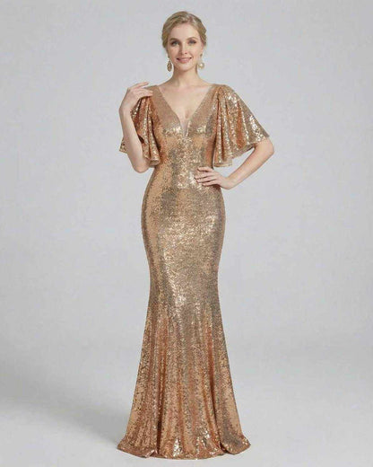 Celeste Maxi Dress by Lauven, elegant sequined evening gown in radiant gold tone, full-length silhouette.