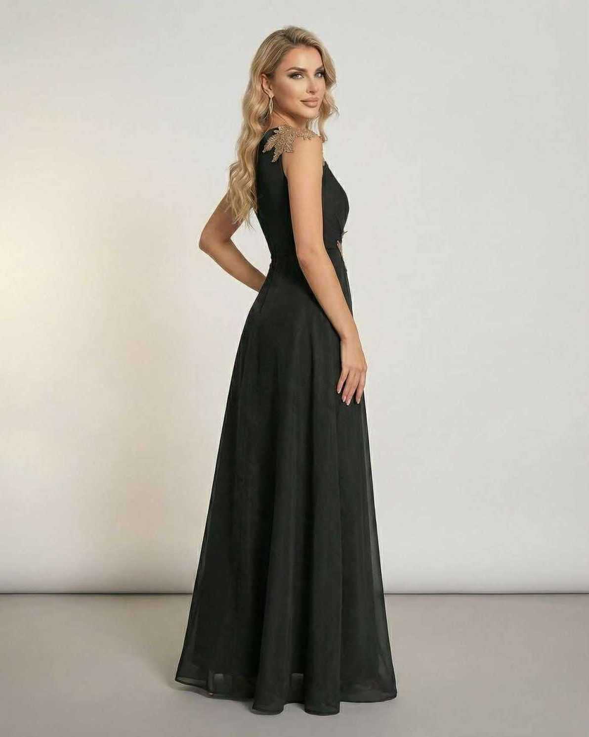 Celeste Maxi Dress by Lauven - Elegant sleeveless black maxi dress with graceful silhouette and patchwork detail.