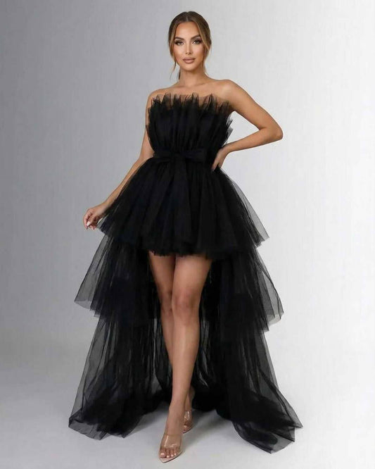 Celeste Maxi Dress by Lauven - Strapless, dramatic tulle overlay in black for an elegant evening look.