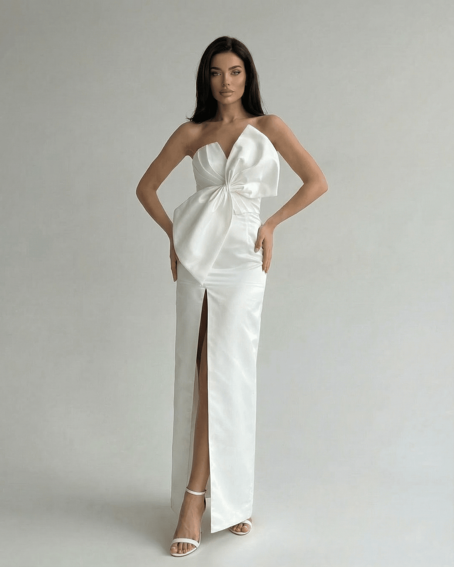 Celeste Maxi Dress by Lauven - elegant white strapless satin gown with front slit and sculpted silhouette.