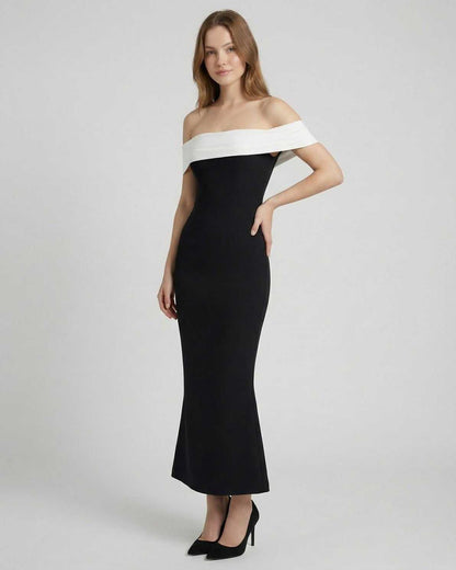 Celeste Maxi Dress by Lauven featuring elegant off-shoulder silhouette in black and white.