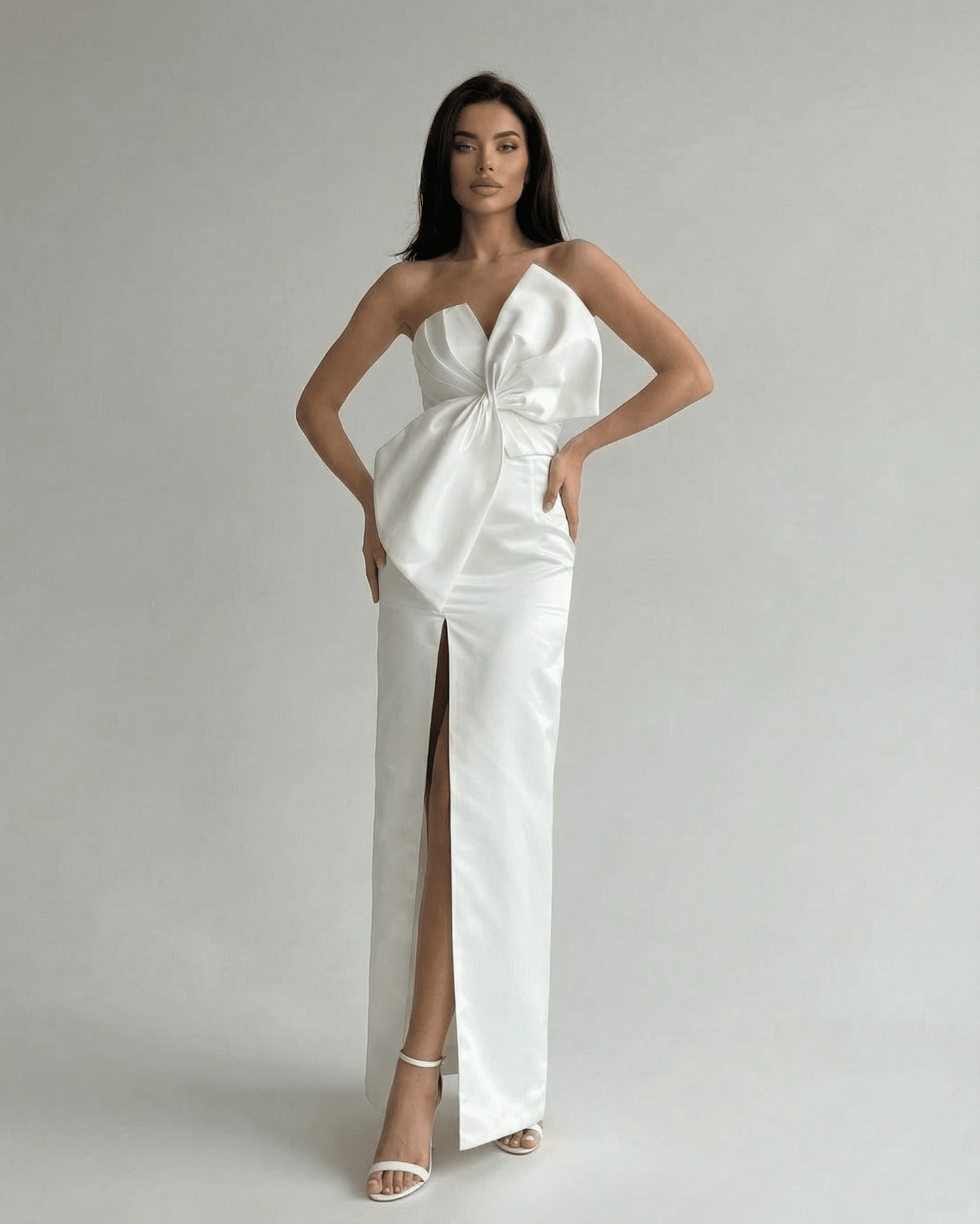 Celeste Maxi Dress by Lauven, elegant white strapless satin sheath with front slit and sculpted silhouette.