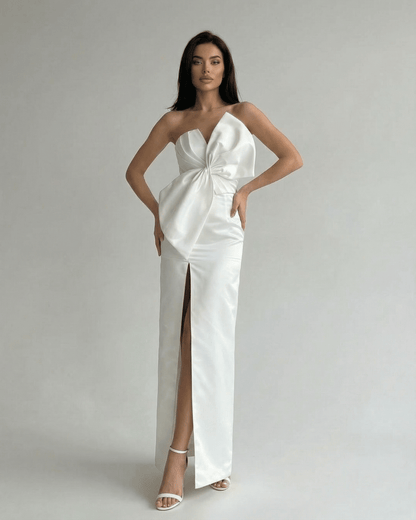 Celeste Maxi Dress by Lauven, elegant white strapless satin sheath with front slit and sculpted silhouette.