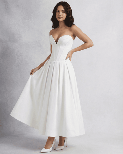 Celeste Midi Dress by SLIMONA, elegant strapless corset A-line dress perfect for parties or special occasions.