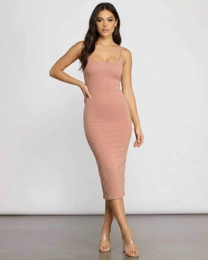 Celeste Midi Dress by SLIMONA in soft pink, showcasing a curve-hugging silhouette ideal for modern women.