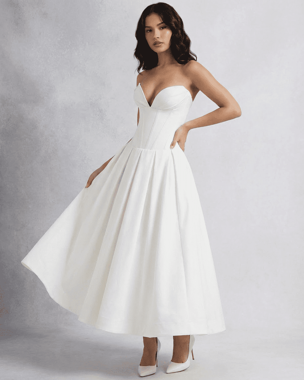 Celeste Midi Dress by SLIMONA, an elegant strapless corset A-line dress perfect for special events.