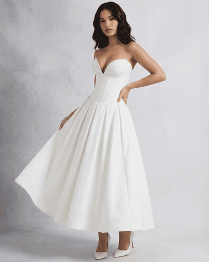 Celeste Midi Dress by SLIMONA, an elegant strapless corset A-line dress perfect for special events.