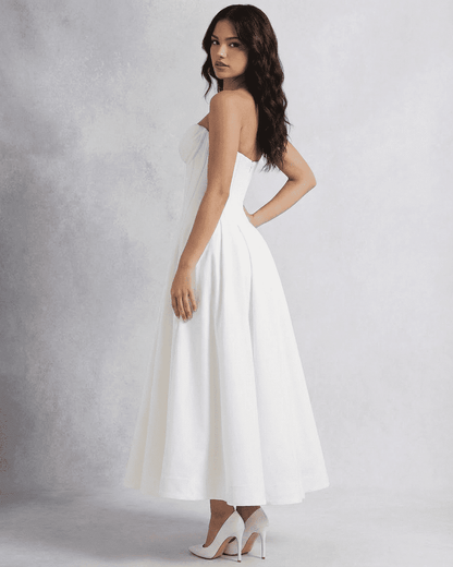 Celeste Midi Dress by SLIMONA - Elegant strapless A-line dress showcasing a beautiful silhouette and luxurious design.
