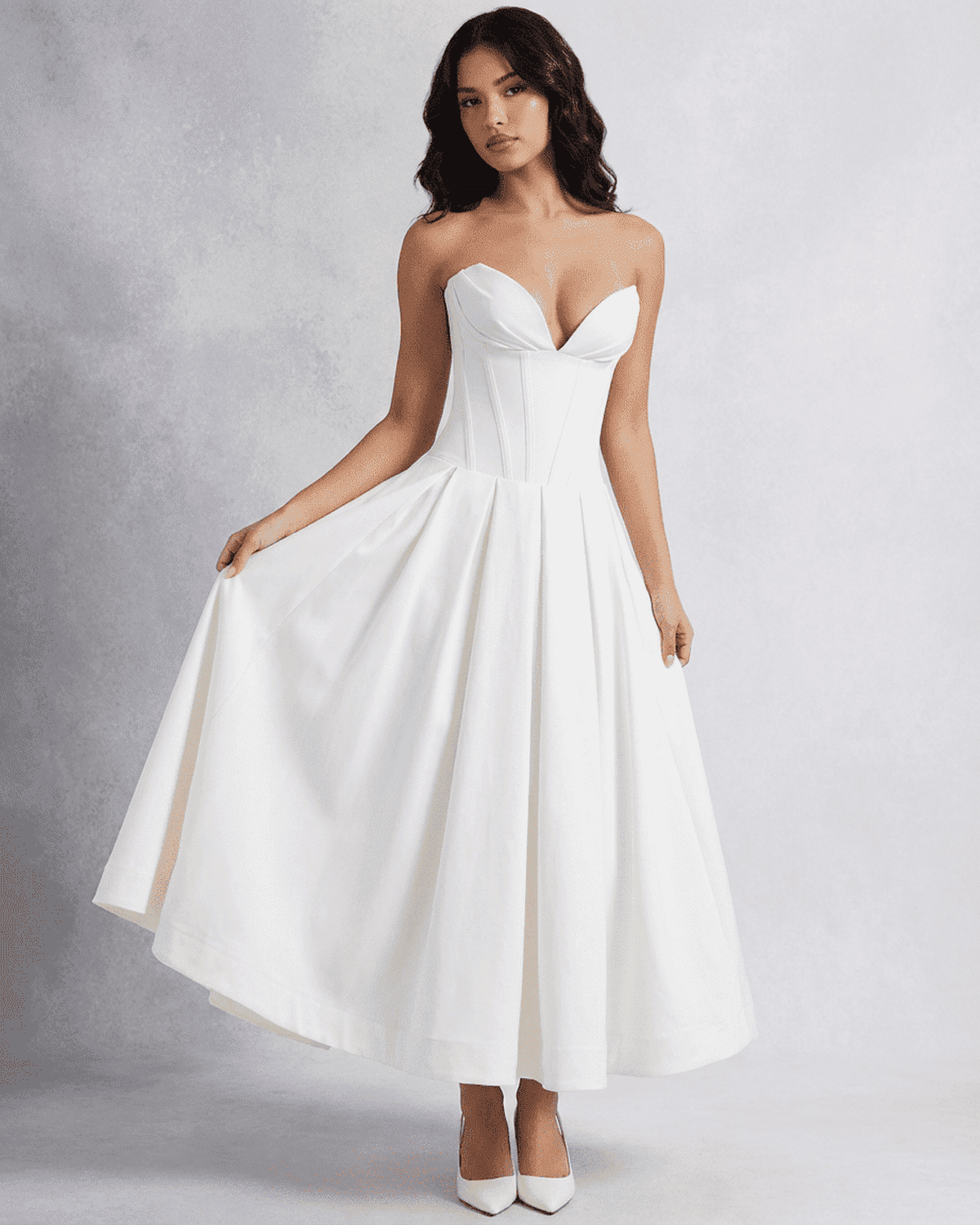 Celeste Midi Dress by SLIMONA – Elegant strapless corset A-line dress perfect for parties and special events.