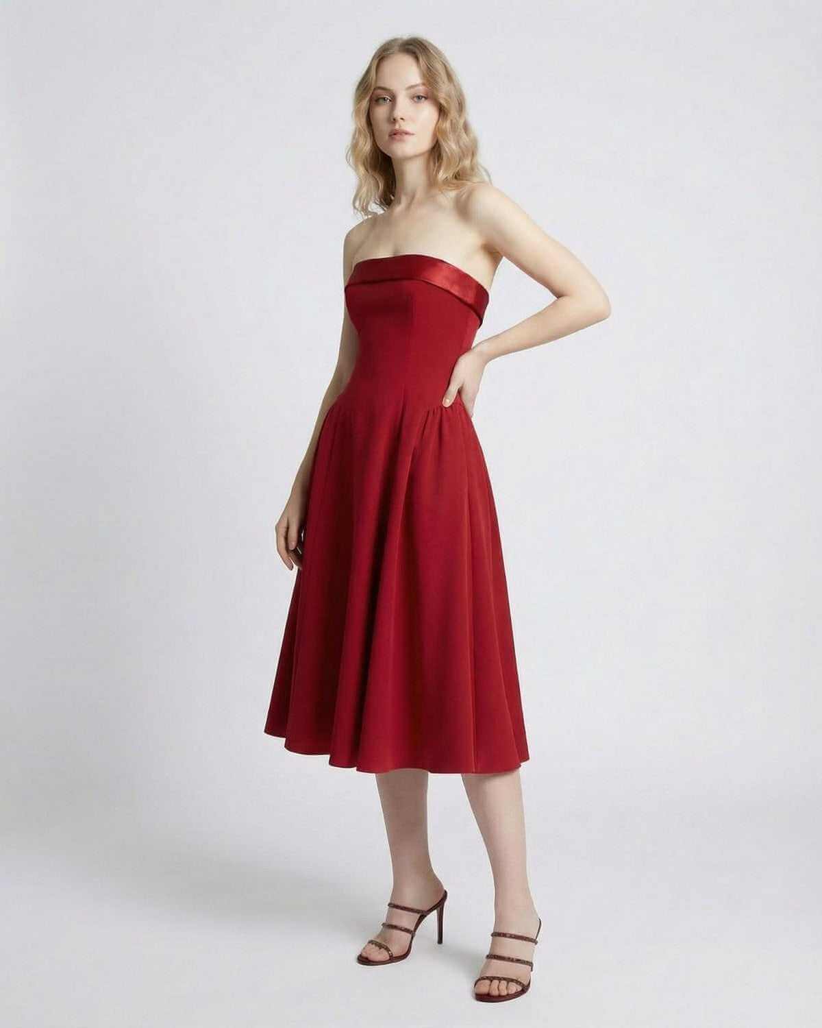 Celeste Midi Dress by SLIMONA in red, featuring a strapless design and pockets, perfect for elegant occasions.