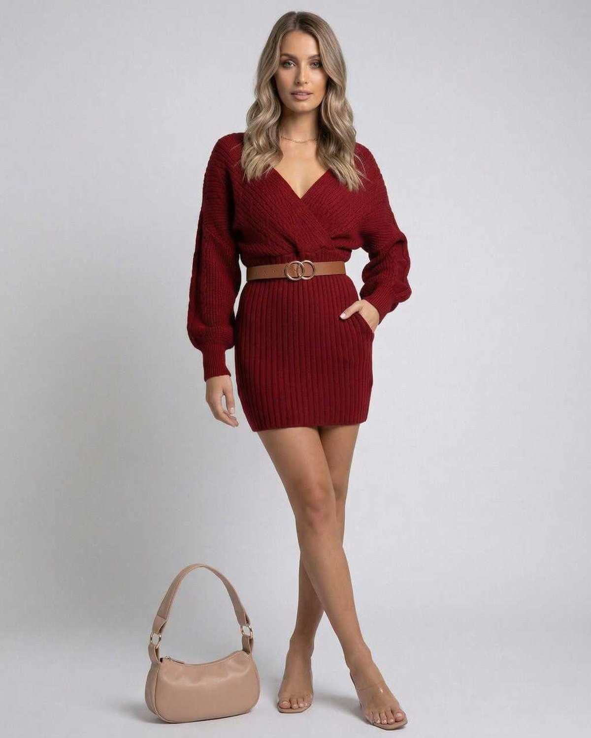 Celeste Mini Dress by Lauven in burgundy, featuring a ribbed knit design and deep V-neckline.