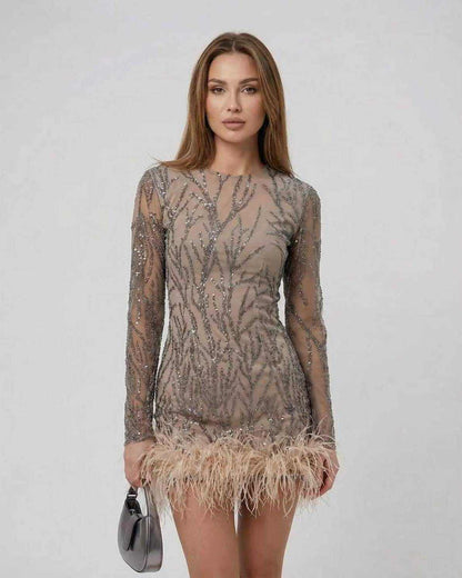 Celeste Mini Dress by Lauven featuring sequins and feather trim in taupe.