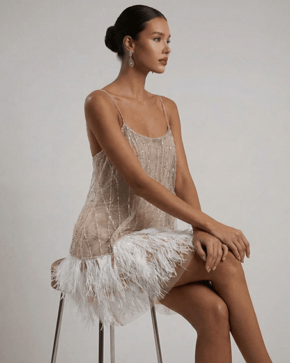 Celeste Mini Dress by SLIMONA featuring a sequin tulle design and feather tassel hem, showcasing modern glamour.
