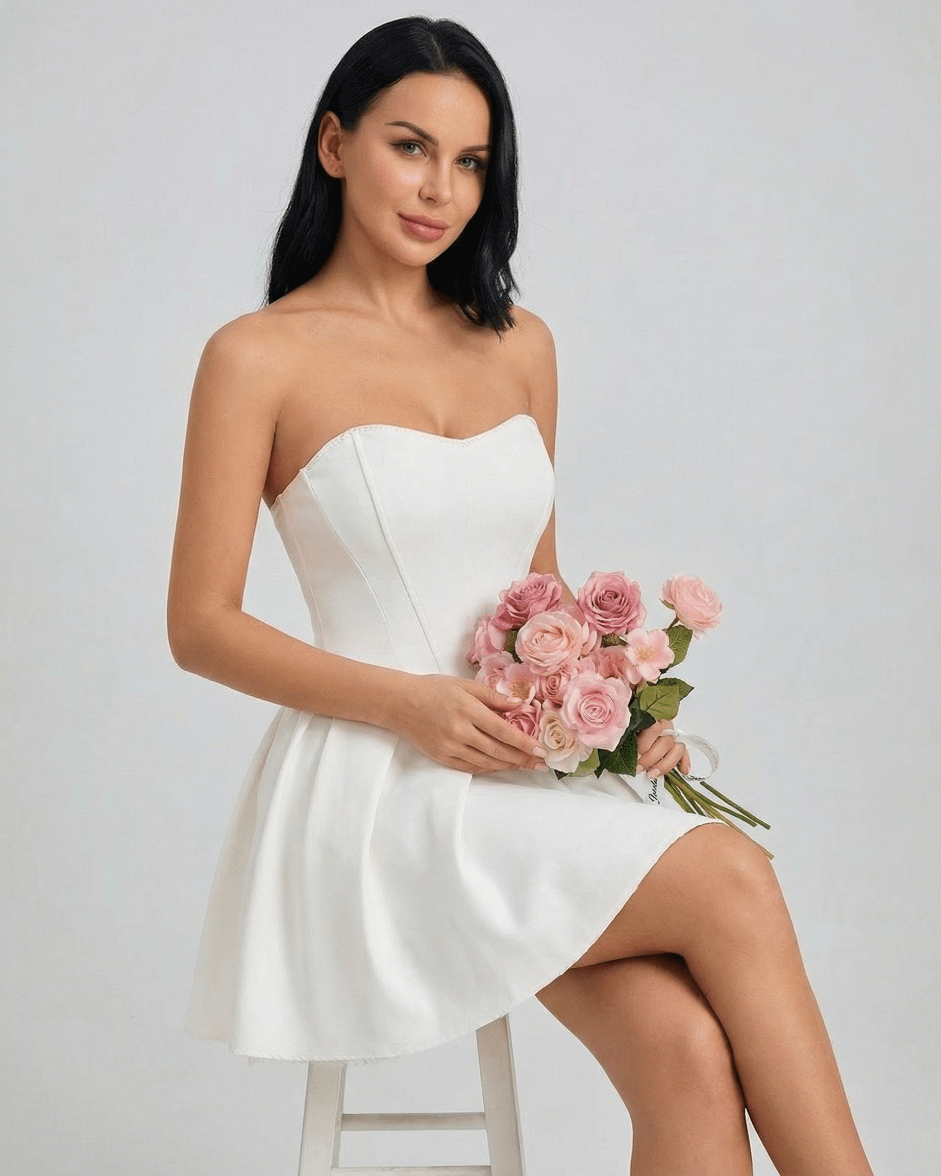 Celeste Mini Dress by SLIMONA, a strapless high-waist silhouette with flared skirt, styled with pink roses.