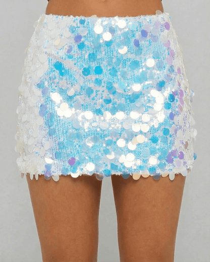 Celeste Mini Skirt by SLIMONA, blue iridescent sequin A-line bodycon style, perfect for evening events and parties.