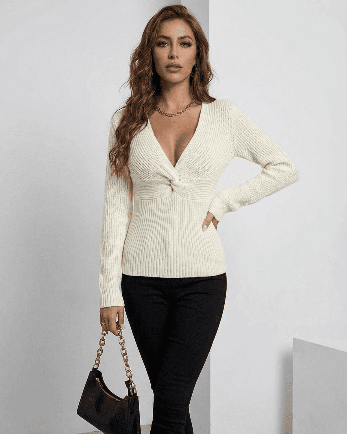 Celeste Pullover by SLIMONA, ribbed slim fit V-neck sweater in ivory for elegant layering.