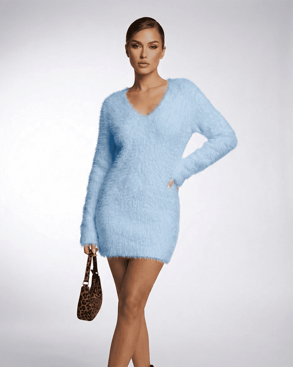 Celeste Sweater by SLIMONA in soft blue, featuring a V-neck, fuzzy plush knit for a cozy fall and winter look.