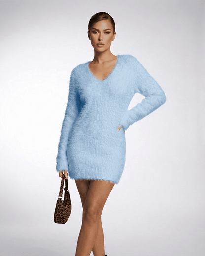Celeste Sweater by SLIMONA in soft blue, featuring a V-neck, fuzzy plush knit for a cozy fall and winter look.