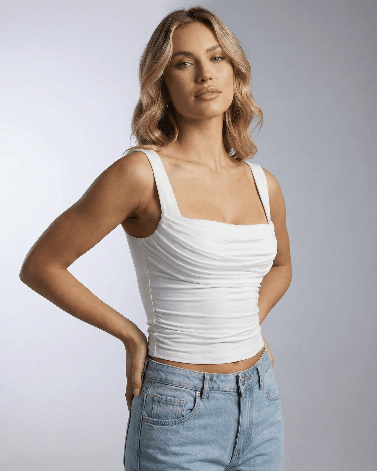 Celeste Top by SLIMONA - Draped square neck sleeveless top showcasing modern elegance and stylish wearability.