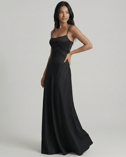 Celestia Maxi Dress by Lauven - Elegant black satin with lace-up back and modern evening silhouette.