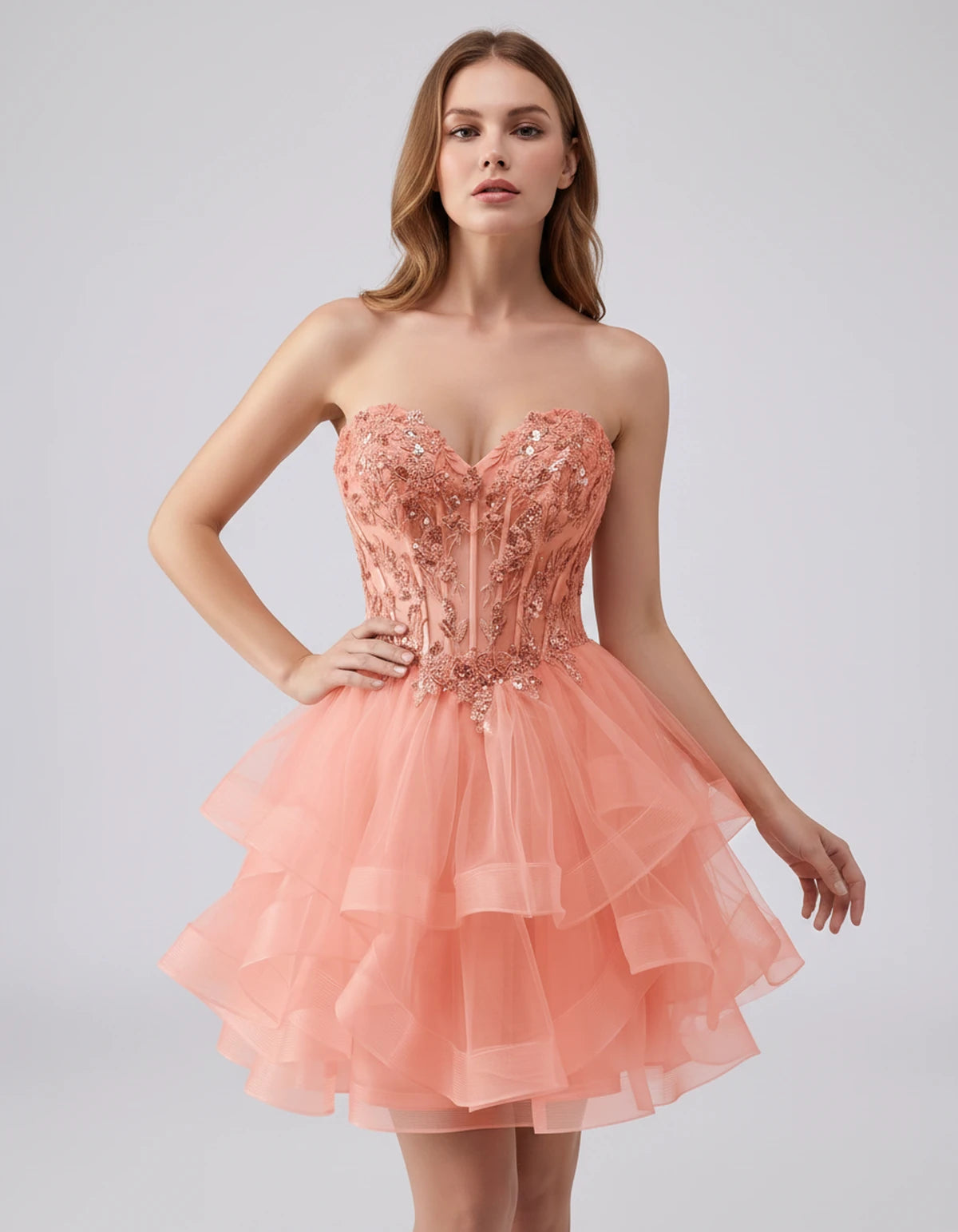 Cerelia Midi Dresses — Peach | SKU: SD-73258-peach-2,SD-73258-peach-4,SD-73258-peach-6,SD-73258-peach-8,SD-73258-peach-10,SD-73258-peach-12,SD-73258-peach-14,SD-73258-peach-14W,SD-73258-peach-16,SD-73258-peach-16W,SD-73258-peach-18W,SD-73258-peach-20W