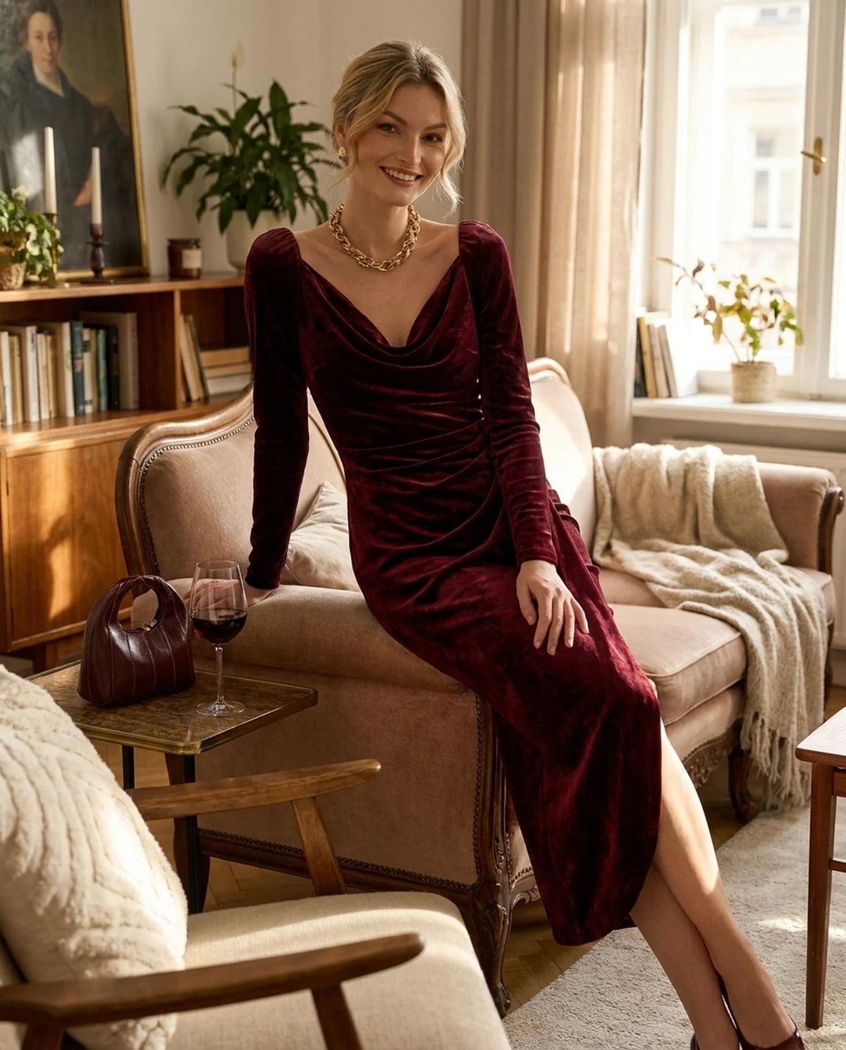 Chandelle Midi Dresses — Burgundy | SKU: SD-45031-burgundy-XS,SD-45031-burgundy-S,SD-45031-burgundy-M,SD-45031-burgundy-L,SD-45031-burgundy-XL,SD-45031-burgundy-2XL