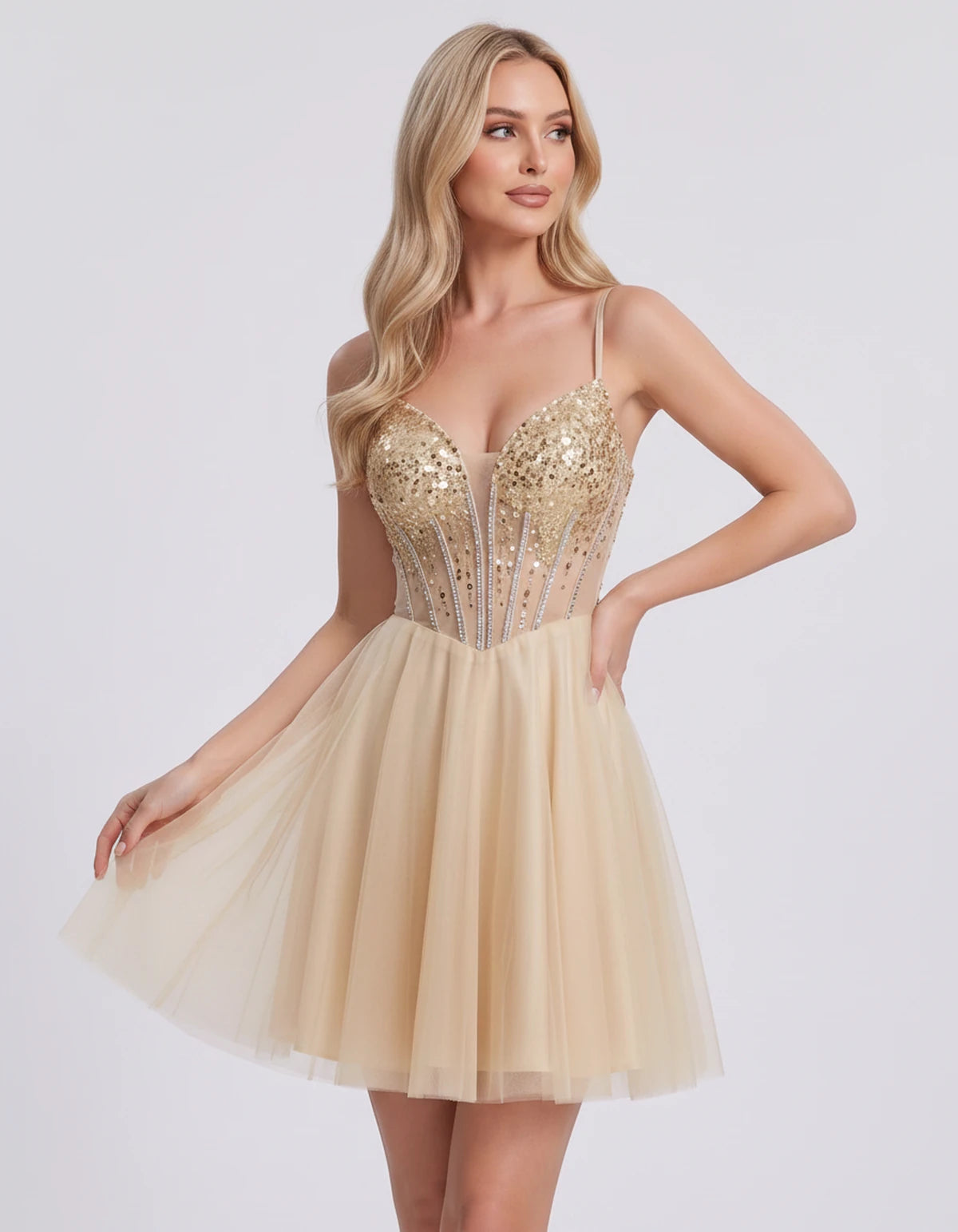 Charlise Mini Dress — Champagne | SKU: SD-81155-champagne-2,SD-81155-champagne-4,SD-81155-champagne-6,SD-81155-champagne-8,SD-81155-champagne-10,SD-81155-champagne-12,SD-81155-champagne-14,SD-81155-champagne-16,SD-81155-champagne-16W,SD-81155-champagne-18W,SD-81155-champagne-20W,SD-81155-champagne-22W
