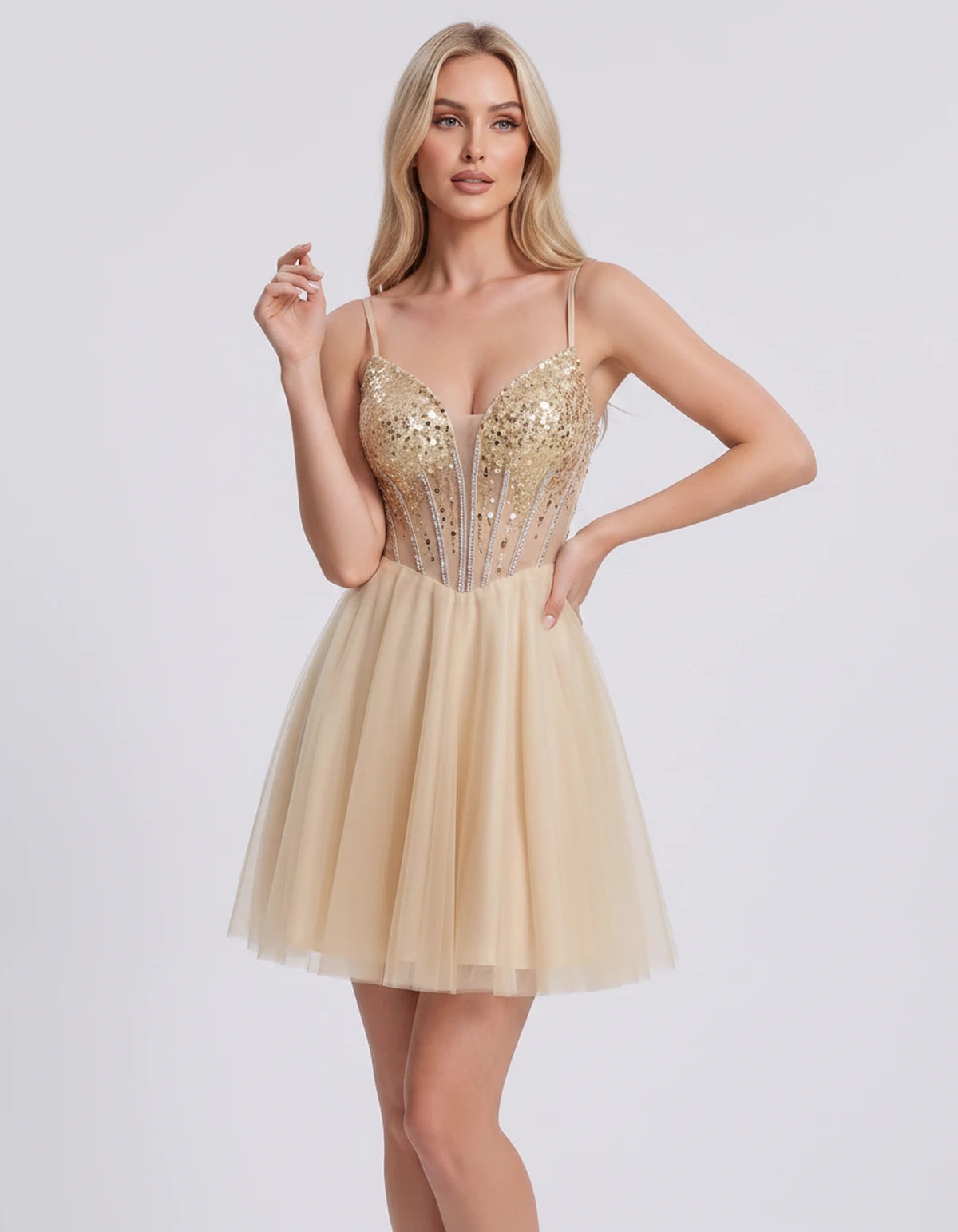 Charlise Mini Dress — Champagne | SKU: SD-81155-champagne-2,SD-81155-champagne-4,SD-81155-champagne-6,SD-81155-champagne-8,SD-81155-champagne-10,SD-81155-champagne-12,SD-81155-champagne-14,SD-81155-champagne-16,SD-81155-champagne-16W,SD-81155-champagne-18W,SD-81155-champagne-20W,SD-81155-champagne-22W