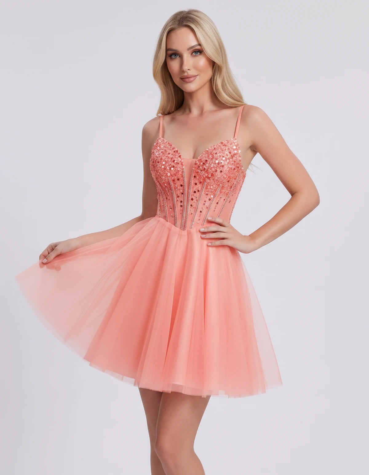 Charlise Mini Dress — Coral | SKU: SD-81155-coral-2,SD-81155-coral-4,SD-81155-coral-6,SD-81155-coral-8,SD-81155-coral-10,SD-81155-coral-12,SD-81155-coral-14,SD-81155-coral-16,SD-81155-coral-16W,SD-81155-coral-18W,SD-81155-coral-20W,SD-81155-coral-22W