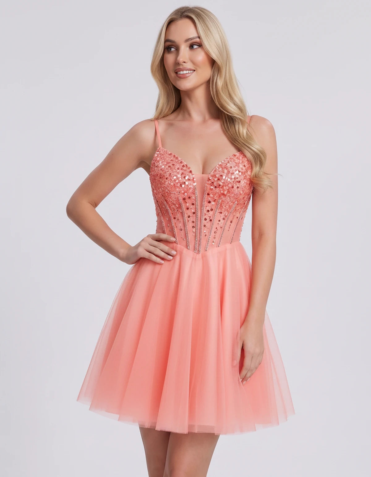 Charlise Mini Dress — Coral | SKU: SD-81155-coral-2,SD-81155-coral-4,SD-81155-coral-6,SD-81155-coral-8,SD-81155-coral-10,SD-81155-coral-12,SD-81155-coral-14,SD-81155-coral-16,SD-81155-coral-16W,SD-81155-coral-18W,SD-81155-coral-20W,SD-81155-coral-22W