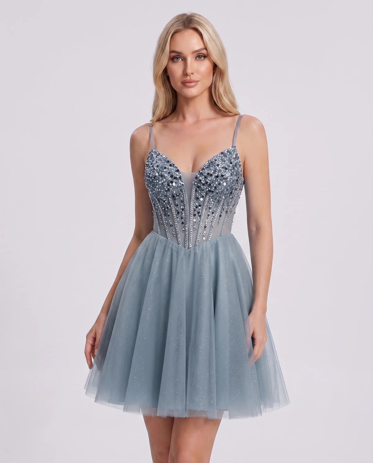 Charlise Mini Dress — Dusty Blue