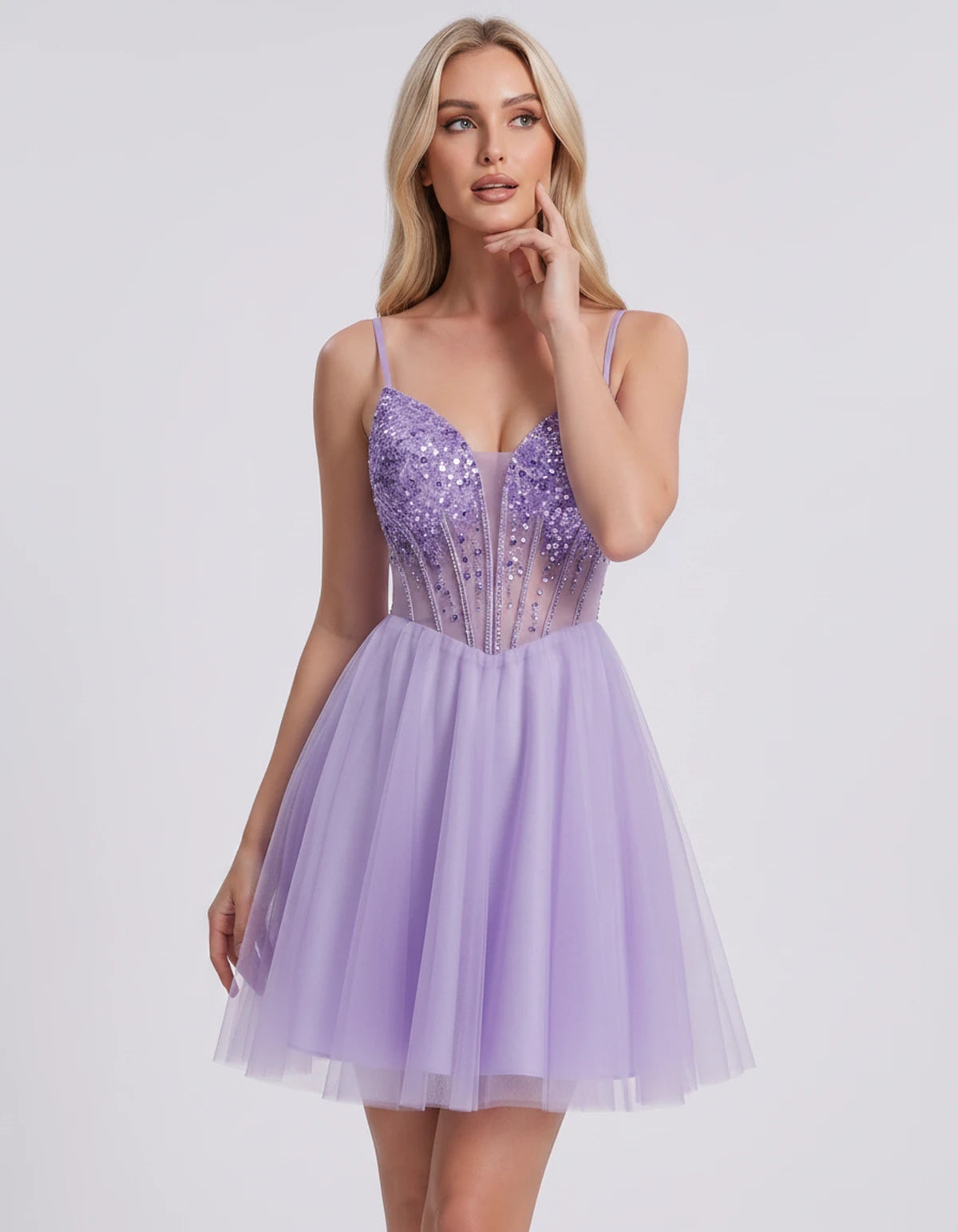 Charlise Mini Dress — Lavender | SKU: SD-81155-lavender-2,SD-81155-lavender-4,SD-81155-lavender-6,SD-81155-lavender-8,SD-81155-lavender-10,SD-81155-lavender-12,SD-81155-lavender-14,SD-81155-lavender-16,SD-81155-lavender-16W,SD-81155-lavender-18W,SD-81155-lavender-20W,SD-81155-lavender-22W