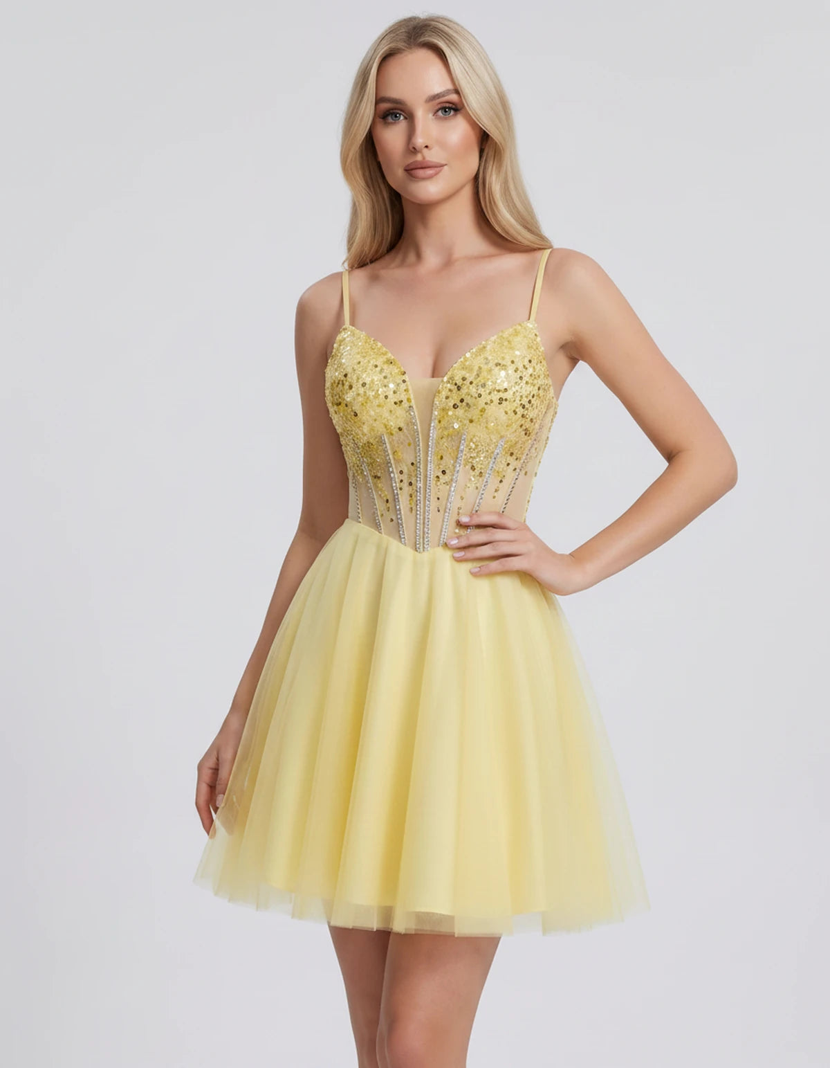 Charlise Mini Dress — Yellow | SKU: SD-81155-yellow-2,SD-81155-yellow-4,SD-81155-yellow-6,SD-81155-yellow-8,SD-81155-yellow-10,SD-81155-yellow-12,SD-81155-yellow-14,SD-81155-yellow-16,SD-81155-yellow-16W,SD-81155-yellow-18W,SD-81155-yellow-20W,SD-81155-yellow-22W