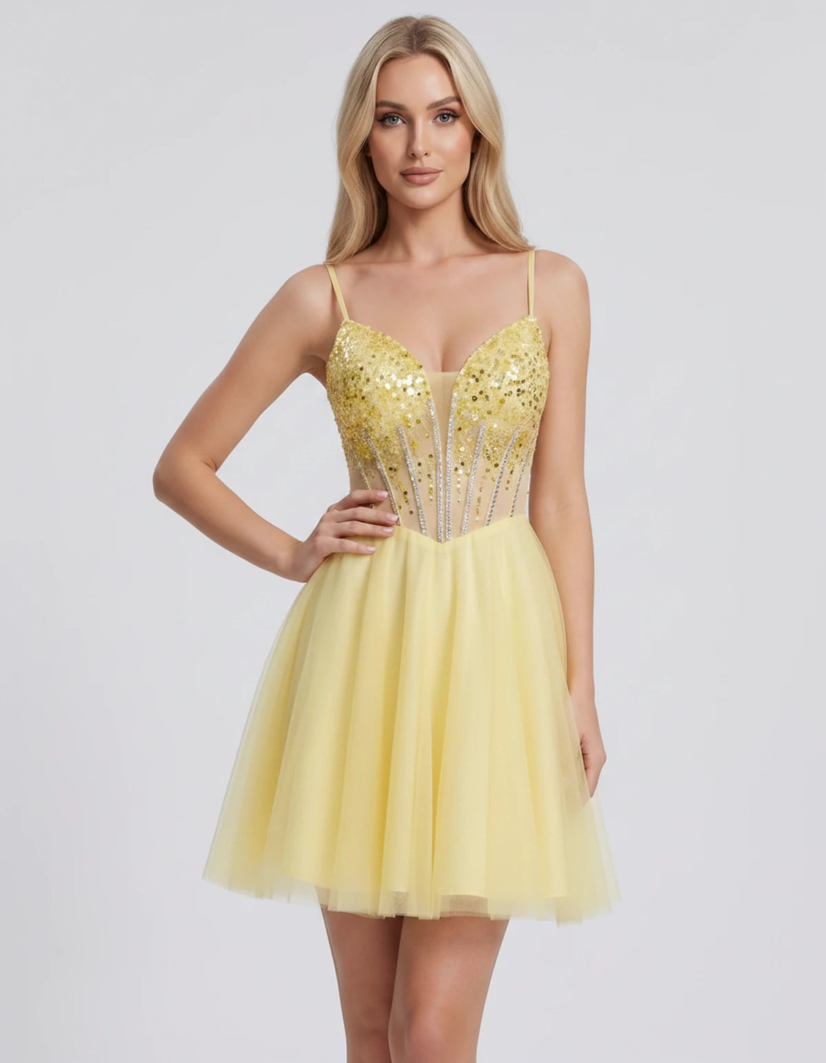 Charlise Mini Dress — Yellow | SKU: SD-81155-yellow-2,SD-81155-yellow-4,SD-81155-yellow-6,SD-81155-yellow-8,SD-81155-yellow-10,SD-81155-yellow-12,SD-81155-yellow-14,SD-81155-yellow-16,SD-81155-yellow-16W,SD-81155-yellow-18W,SD-81155-yellow-20W,SD-81155-yellow-22W