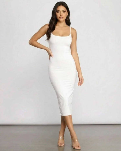 Clara Midi Dress by SLIMONA, elegant white knit dress with a sleek silhouette, perfect for any occasion.