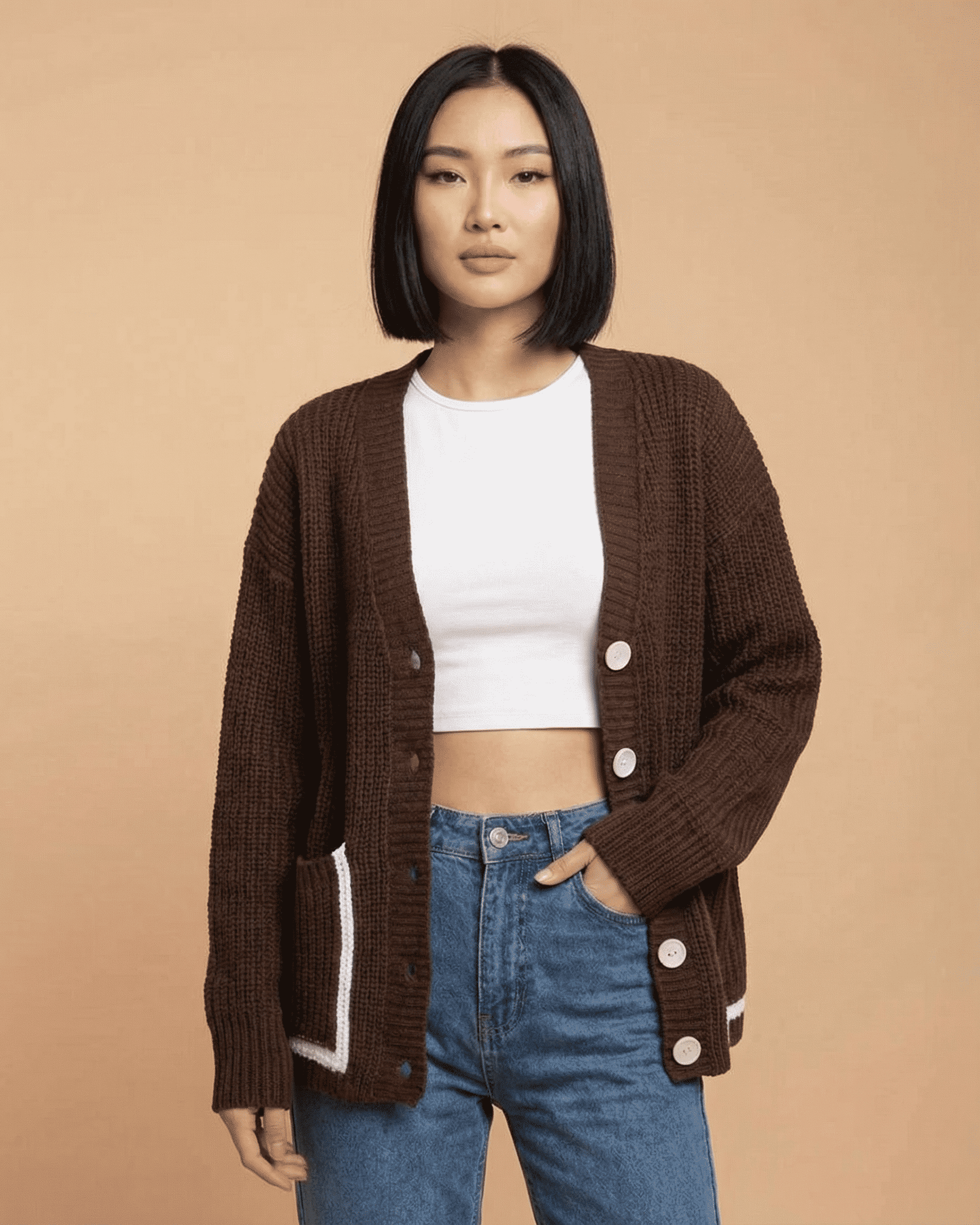 Cocoa Cardigan by SLIMONA featuring a relaxed silhouette and color block design, perfect for everyday style.