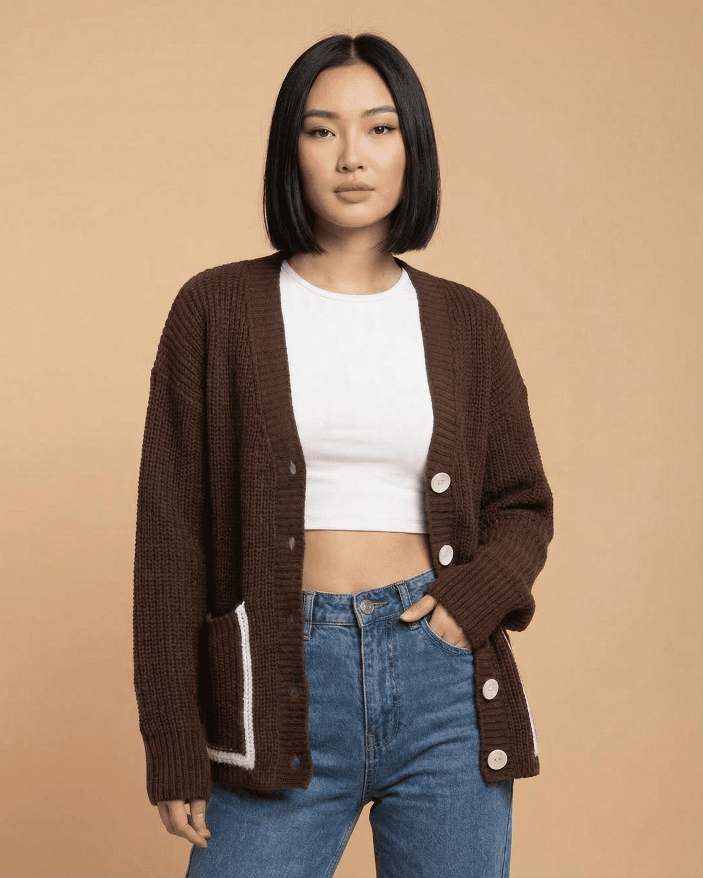Cocoa Cardigan by SLIMONA, color block knit cardigan featuring a relaxed fit and V-neckline, perfect for everyday style.