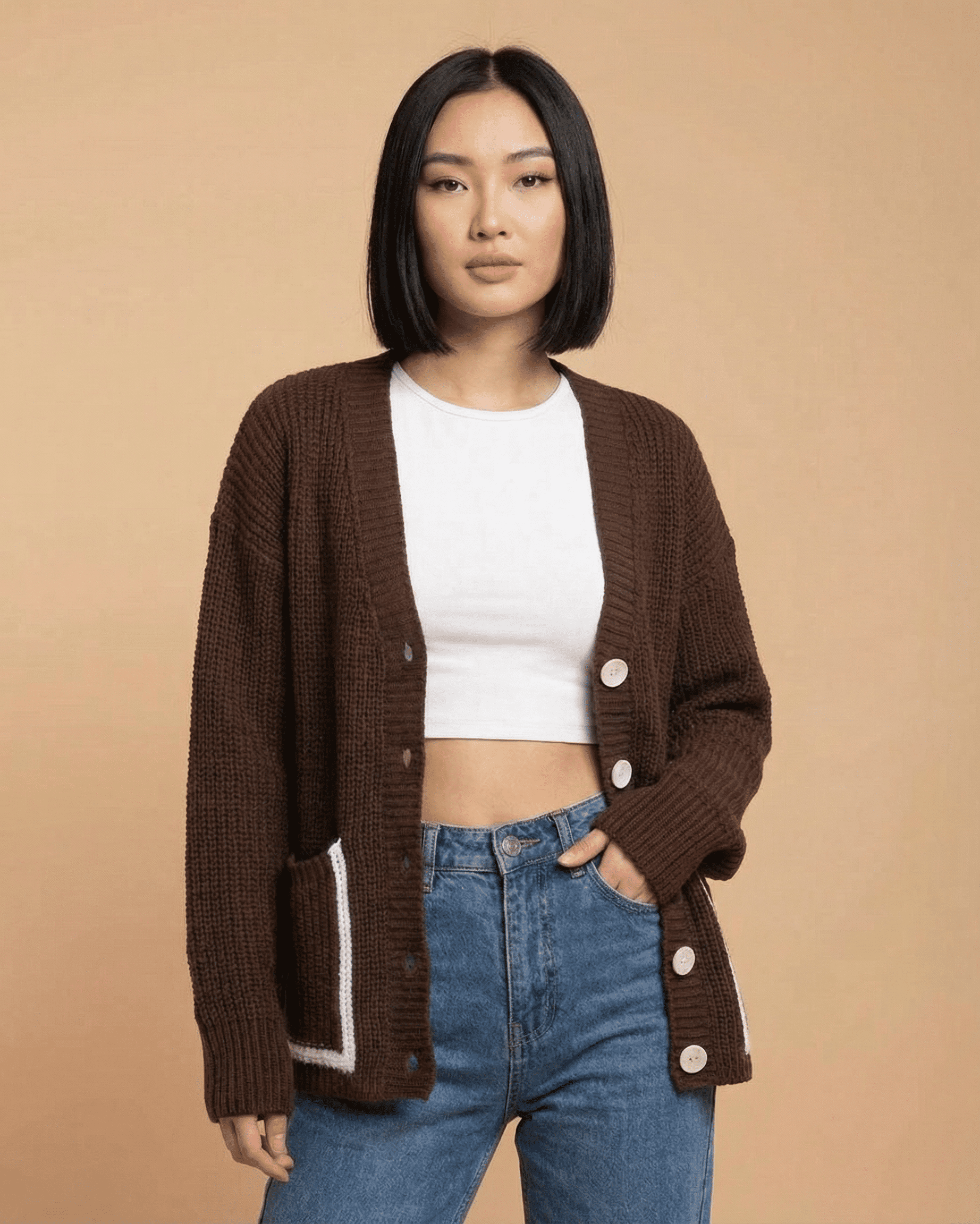 Cocoa Cardigan by SLIMONA, color block knit cardigan featuring a relaxed fit and V-neckline, perfect for everyday style.