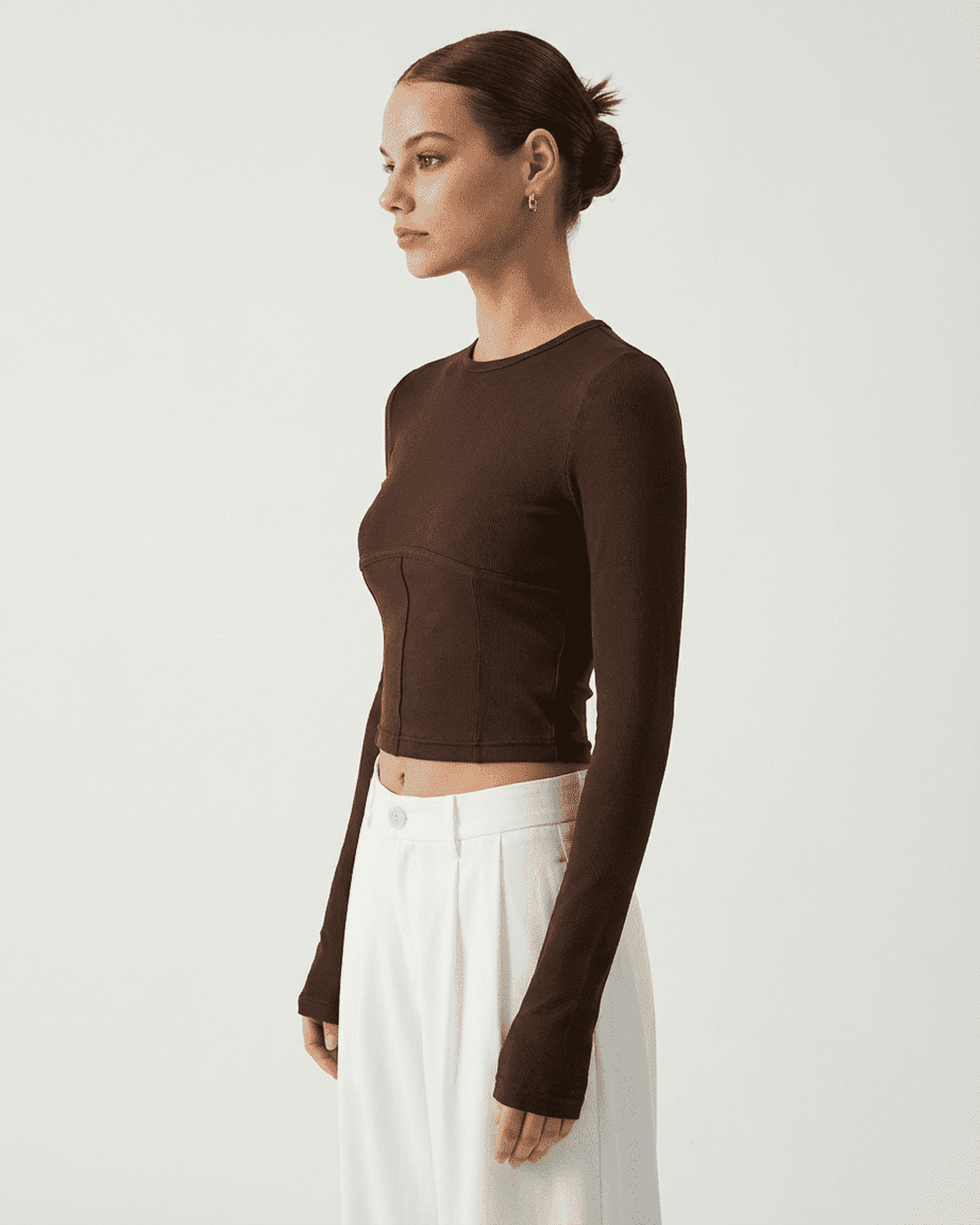 Cocoa Corset Top by SLIMONA, long sleeve jersey corset crop top with clean structure in rich brown.